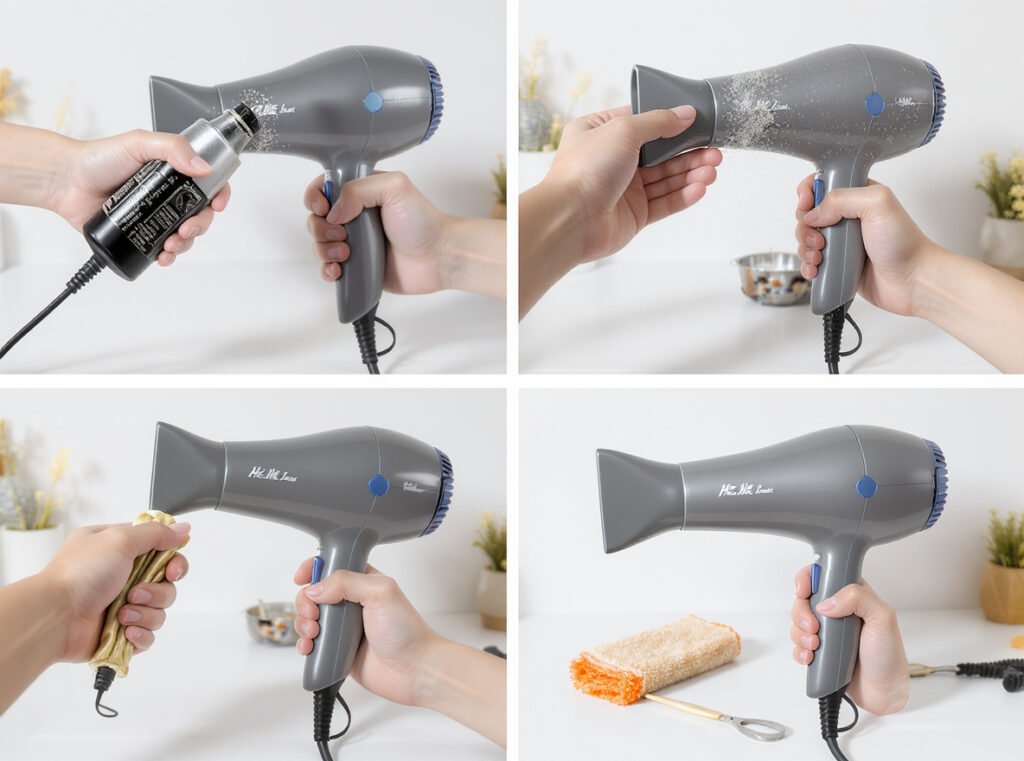 Hair dryer maintenance cleaning process with compressed air