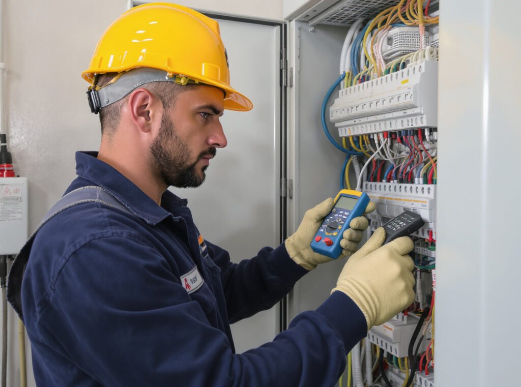 Professional electrician inspecting electrical panel safety testing equipment