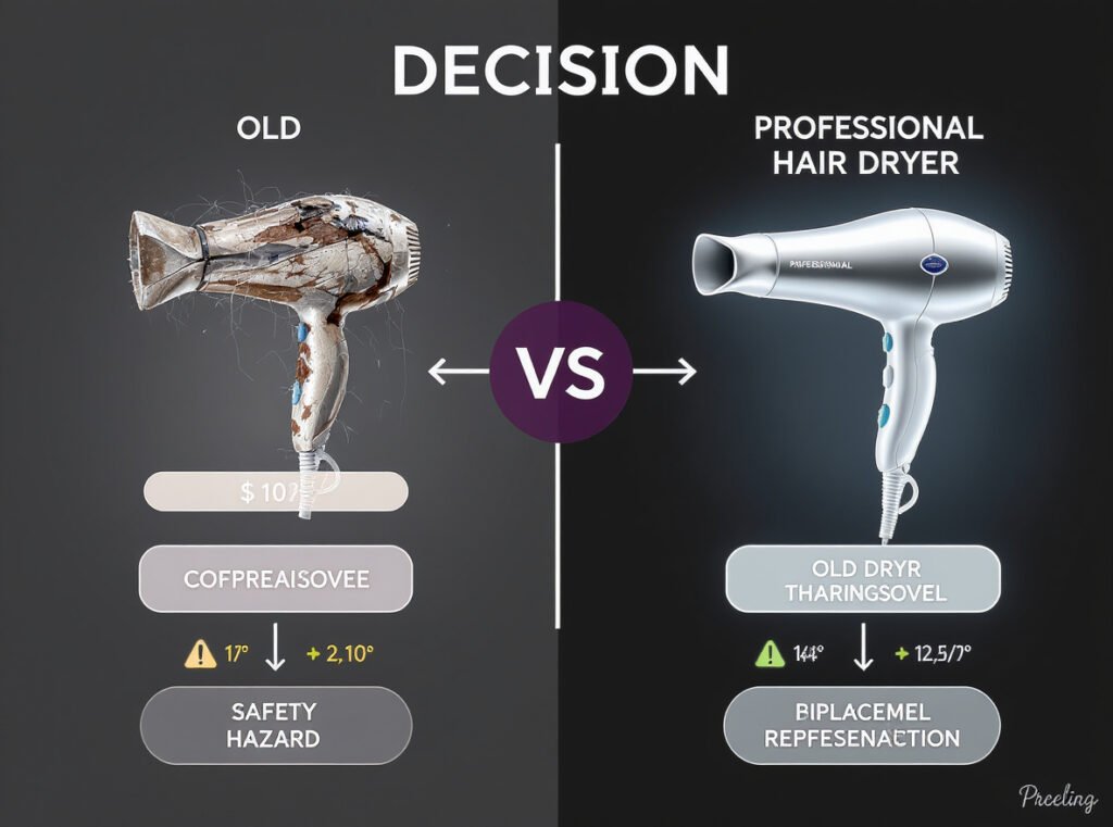 Hair dryer replacement versus repair decision guide showing cost factors, safety considerations, and age criteria
