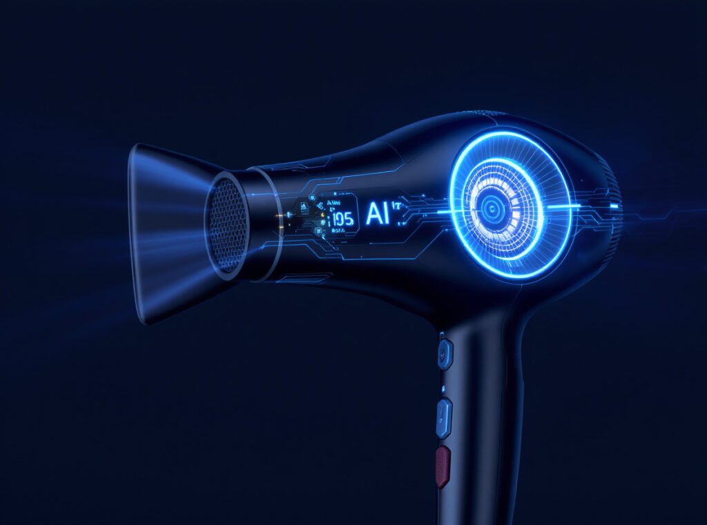 Smart ionic hair dryer with AI sensors and app connectivity for automated performance