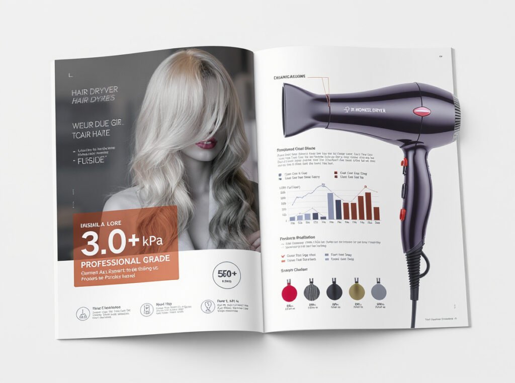 Hair dryer marketing materials showcasing pressure specifications for retail promotion