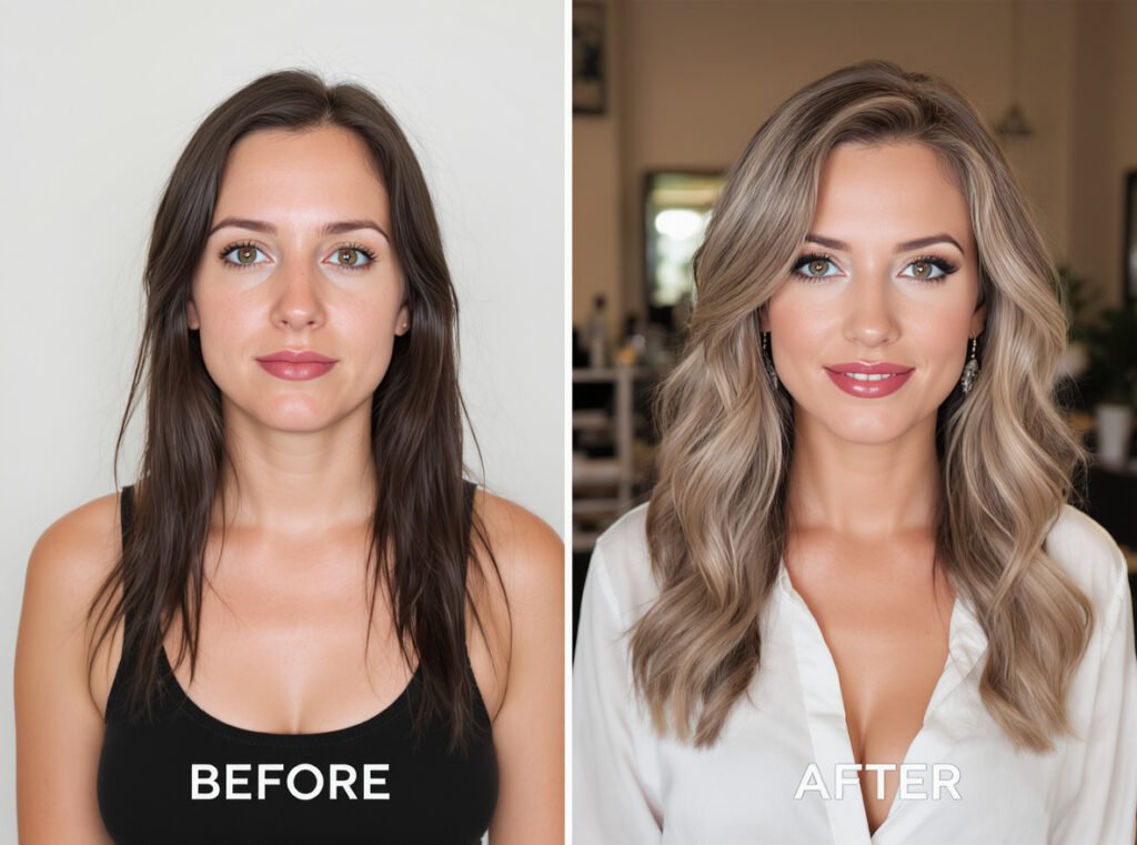 Before and after 5-minute blow-dry results showing salon-quality transformation