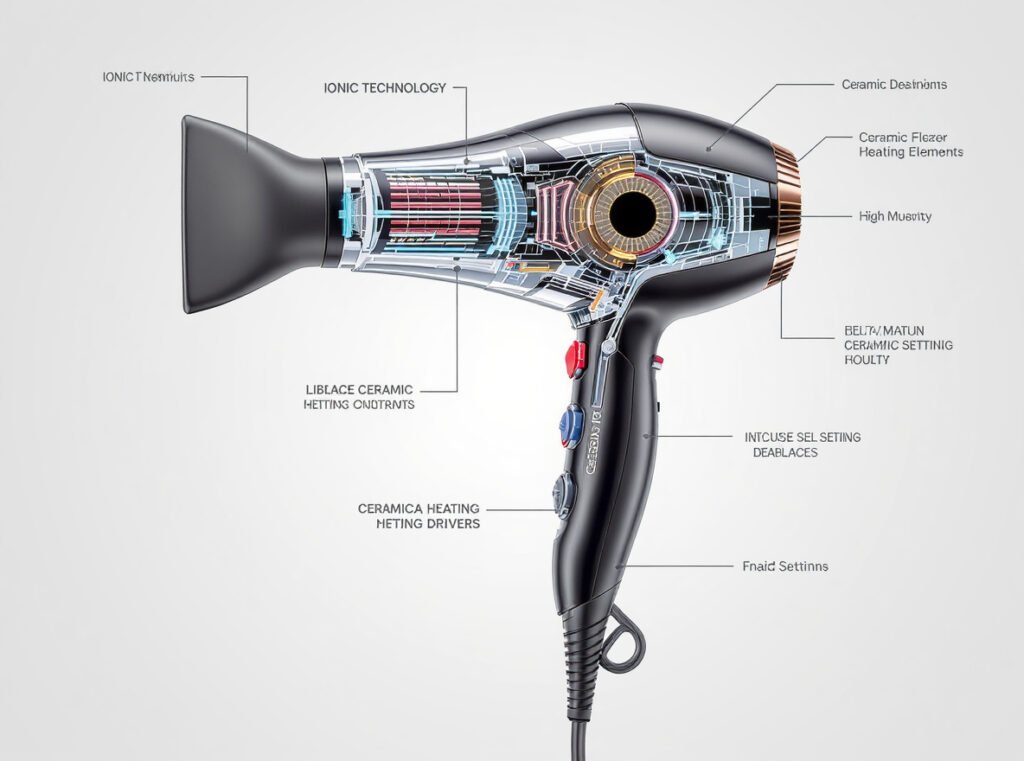 Professional hair dryer features ionic technology ceramic heating sensitive scalp