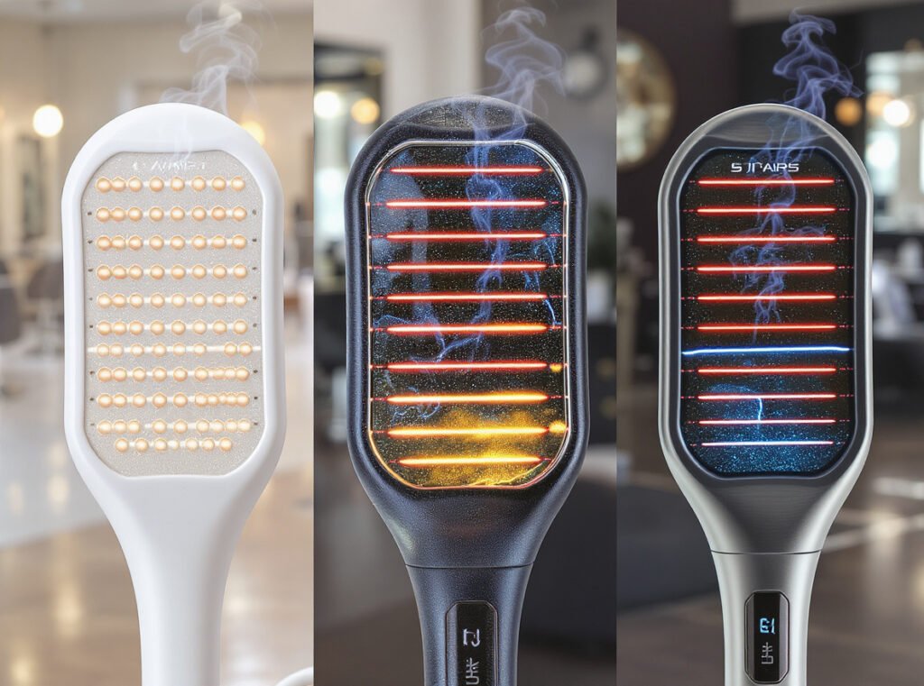 Comparison of ceramic tourmaline and titanium heating technologies showing different materials for professional hair dryers