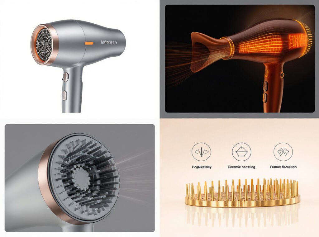 Premium infrared hair dryer featuring ceramic heating elements and professional specifications