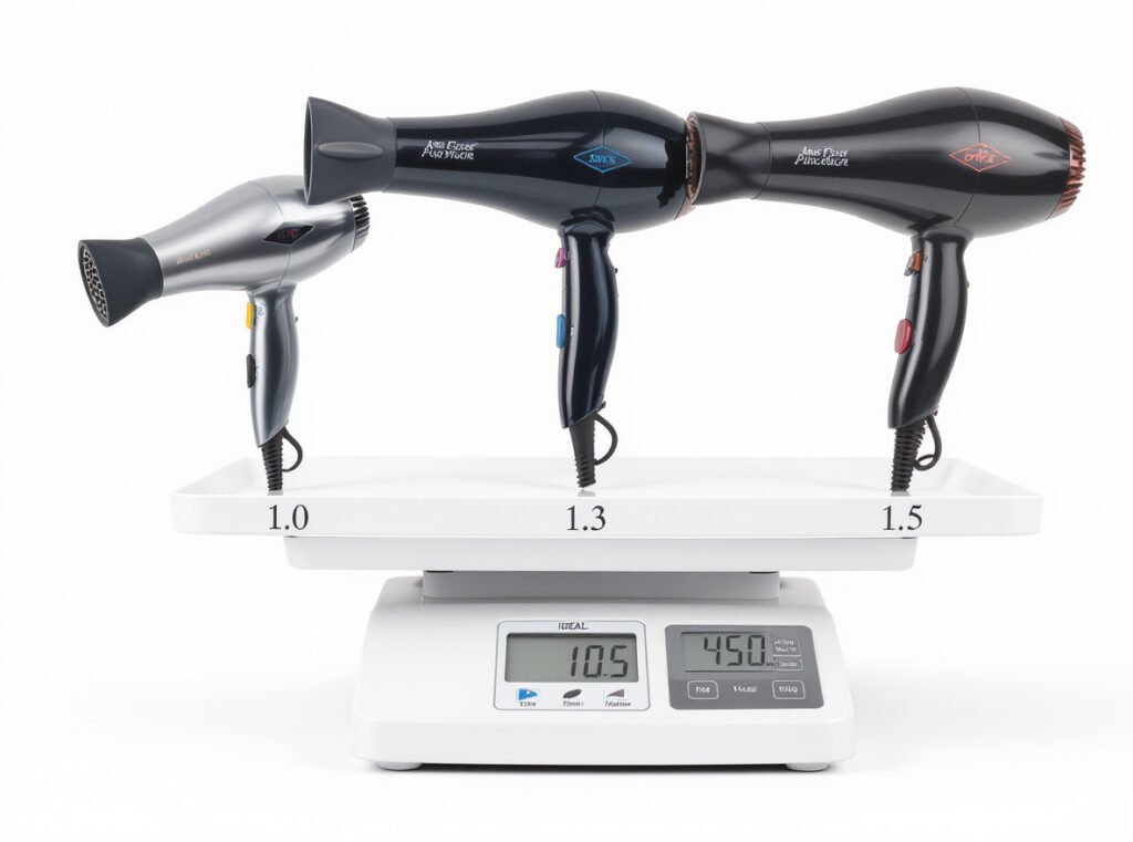 Ideal professional hair dryer weight range scale showing 1.0 to 1.5 pounds