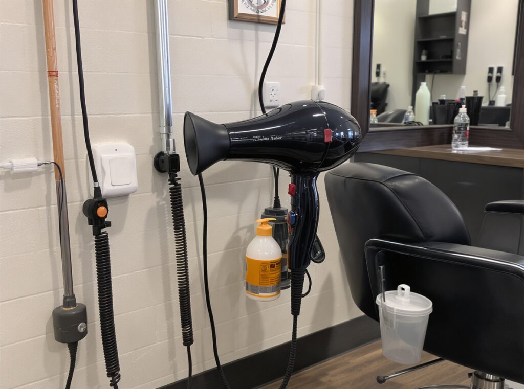 Professional salon hair dryer setup with commercial electrical safety equipment and outlets