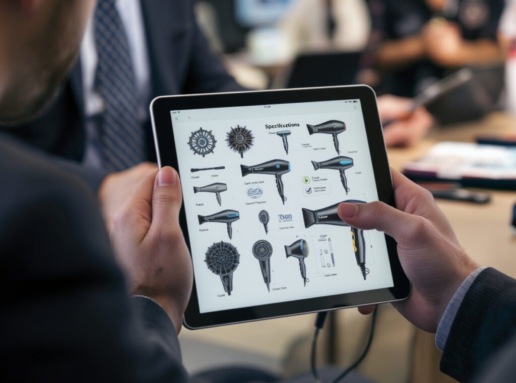 Wholesale buyer evaluating hair dryer specifications and quality certifications