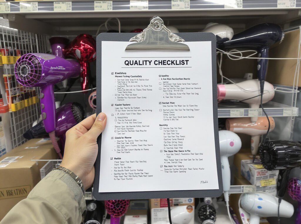 Wholesale hair dryer evaluation setup with pressure specifications and quality assessment criteria