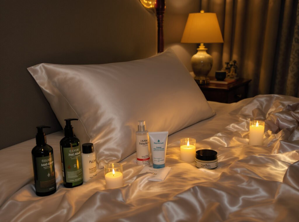 Glass hair maintenance products and silk pillowcase for preserving shine