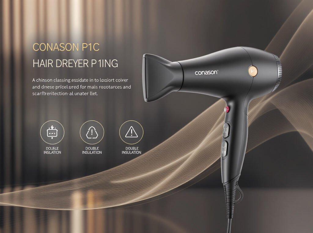 Conason P1C professional hair dryer with advanced safety features and double insulation protection