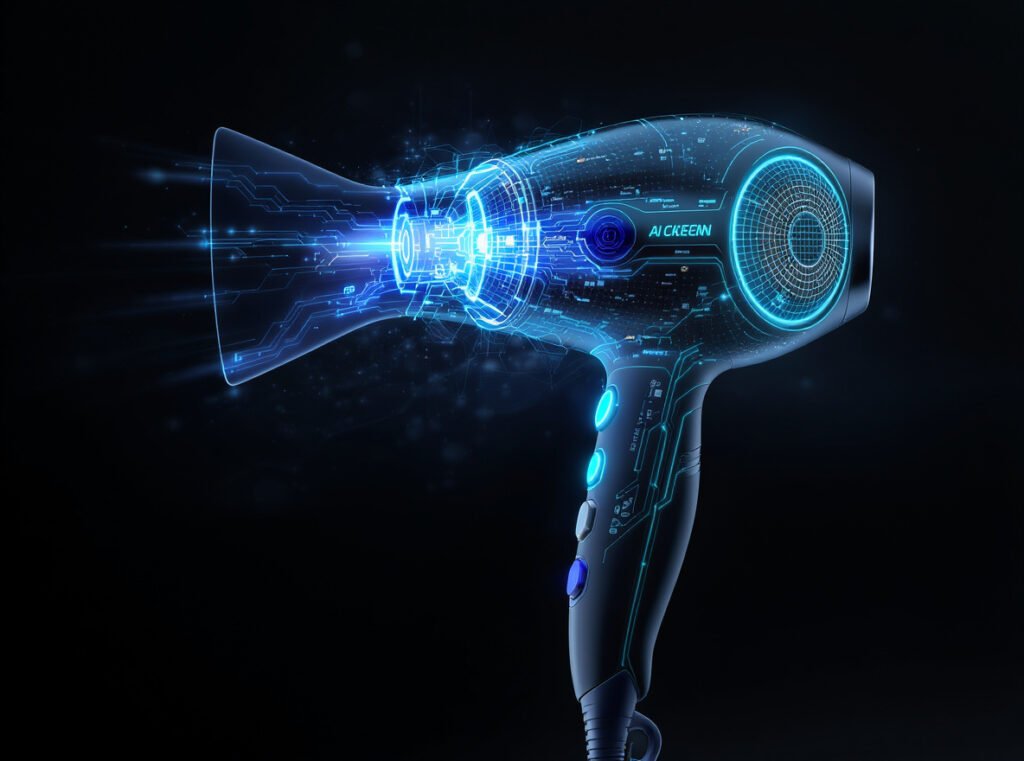 Future ionic hair dryer technology concept with AI integration and energy efficiency