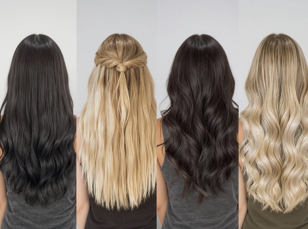 Different hair types achieving glass hair shine - straight wavy curly coily