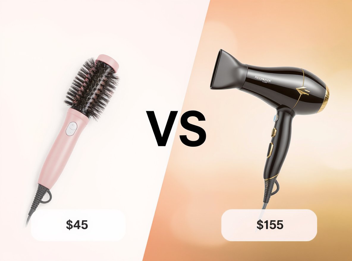 Revlon One-Step vs Drybar Double Shot hot air brush side by side comparison showing price difference
