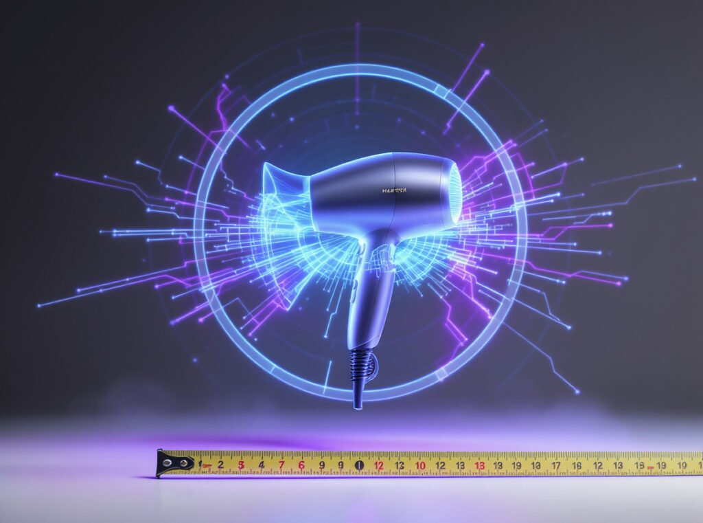 Hair dryer emitting electromagnetic field waves with distance measurements showing EMF levels