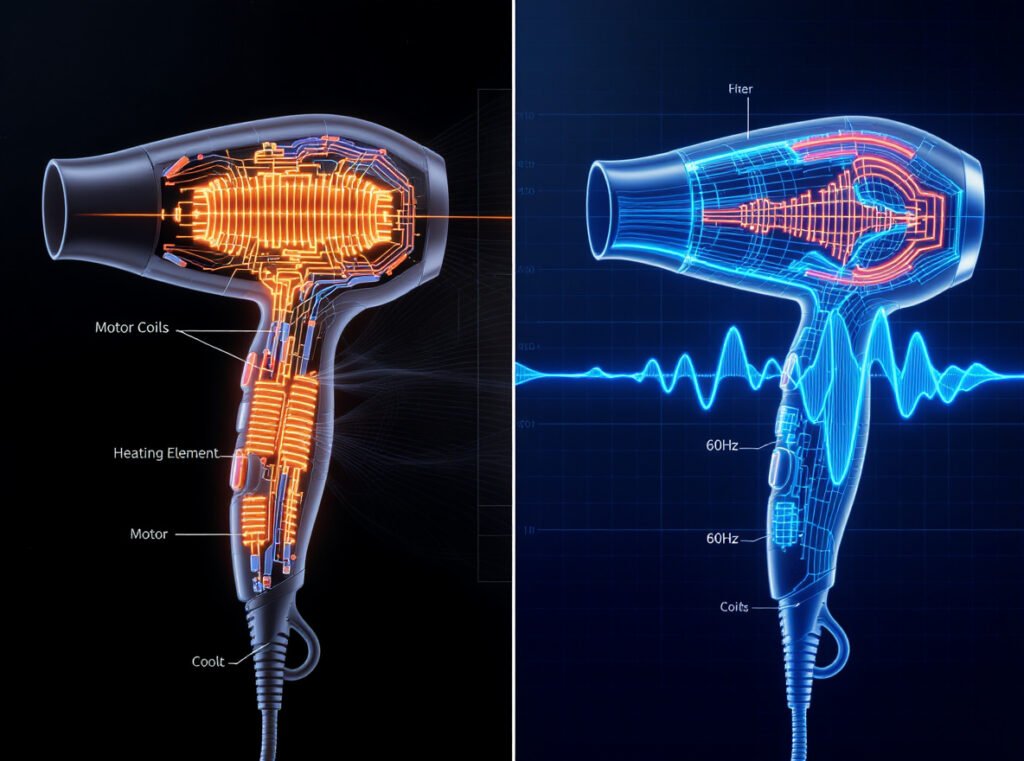 Hair dryer internal components showing ELF electromagnetic field emission sources