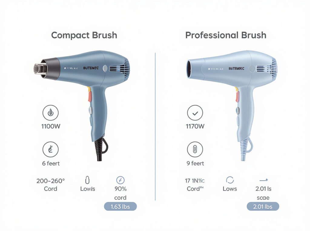 Technical specifications comparison between Revlon and Drybar hot air brushes including wattage, cord length, and weight