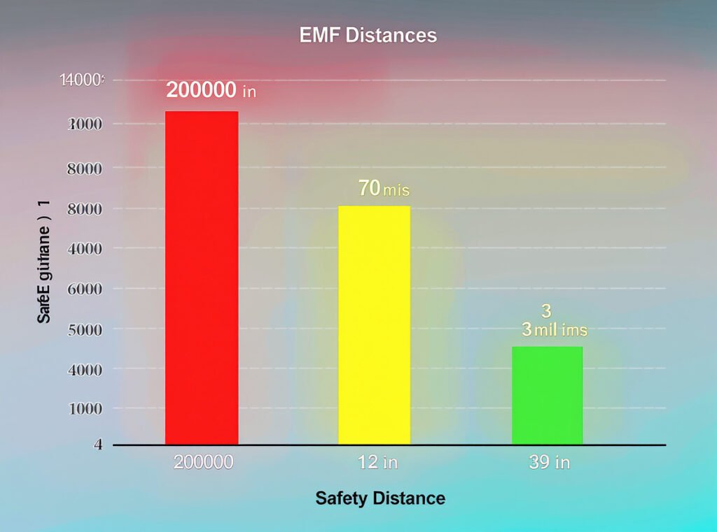 Bar chart comparing hair dryer EMF levels at different distances against safety standards