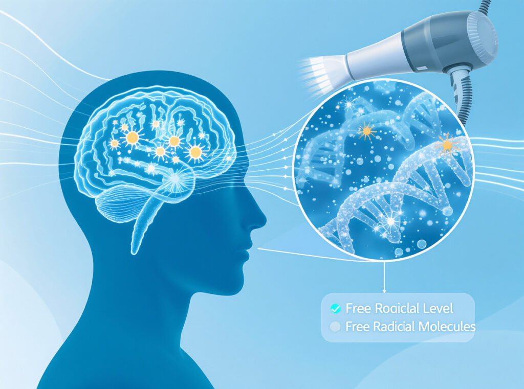 Scientific illustration of potential EMF effects on brain cells and DNA from hair dryer exposure