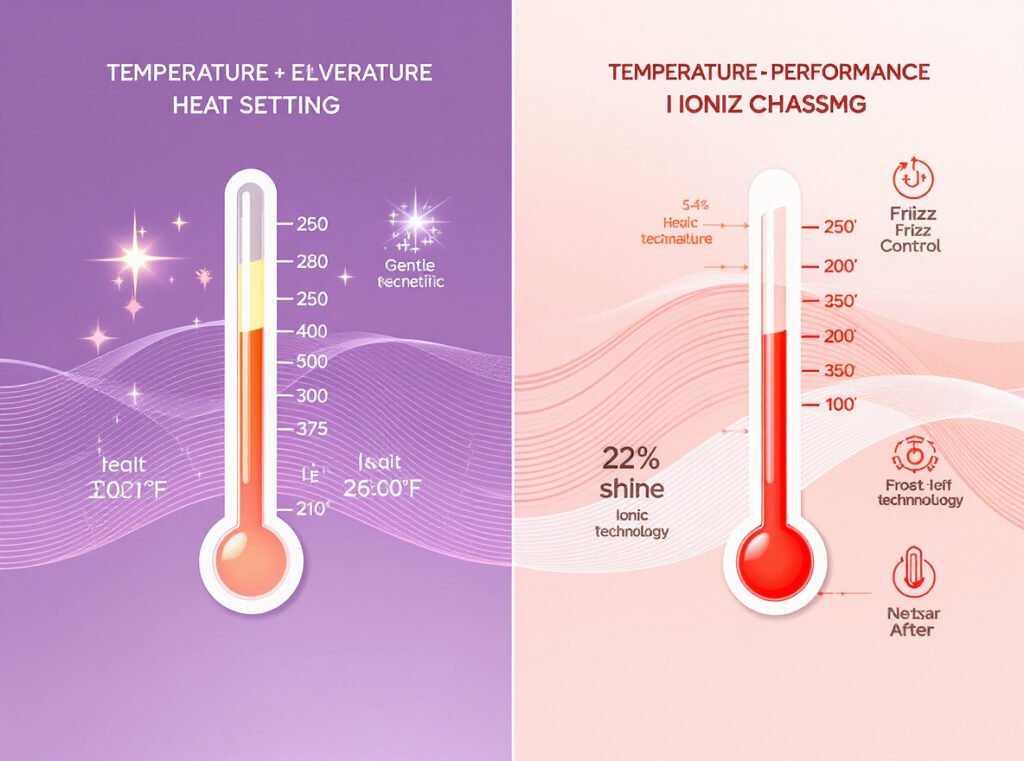 Heat settings comparison showing Revlon's higher temperatures 200-260F versus Drybar's gentler ionic technology