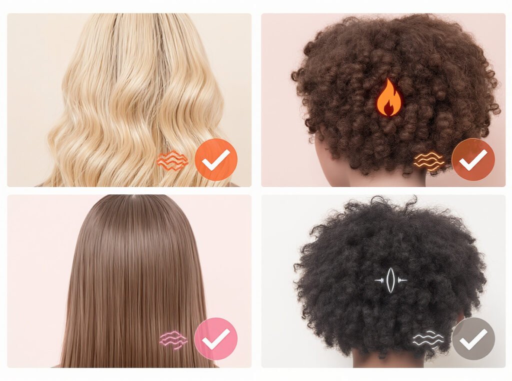Hair type guide showing which hot air brush works best for fine, thick, medium, and curly hair types