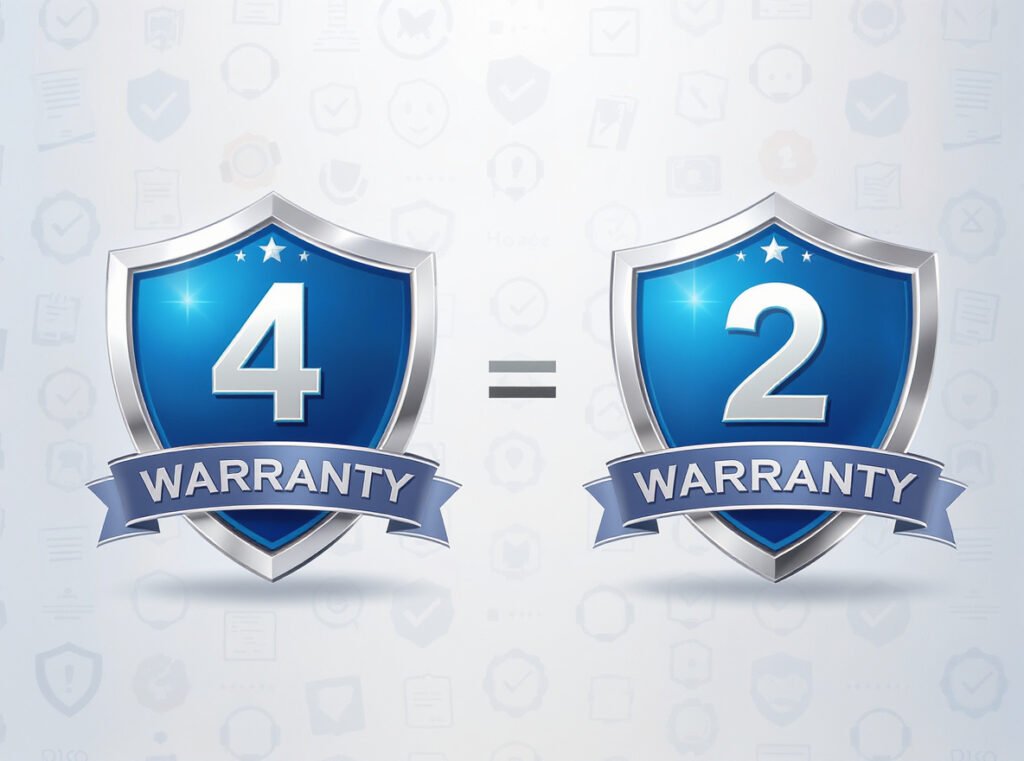 Warranty comparison showing Revlon 4-year coverage versus Drybar 2-year limited warranty and customer support options