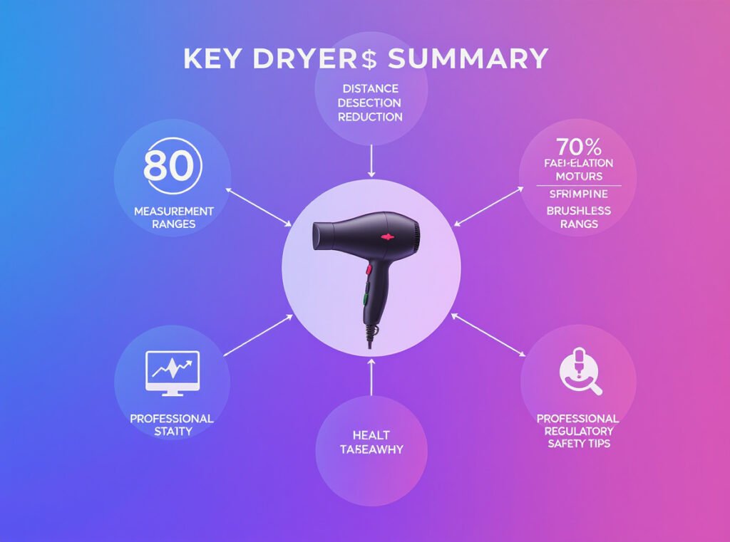 Summary infographic of key hair dryer EMF safety facts and recommendations